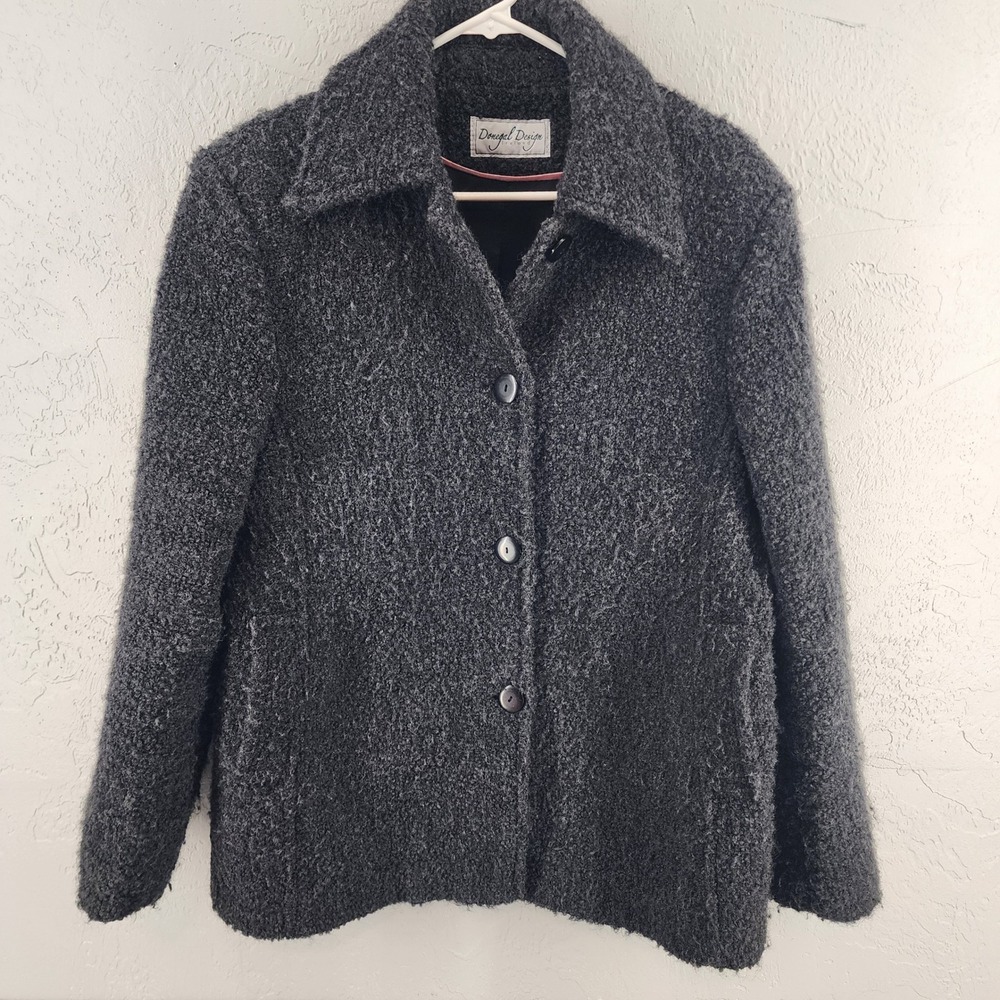 Donegal Design Charcoal Grey 100% Wool Boucle Button Up Jacket Vintage Ireland